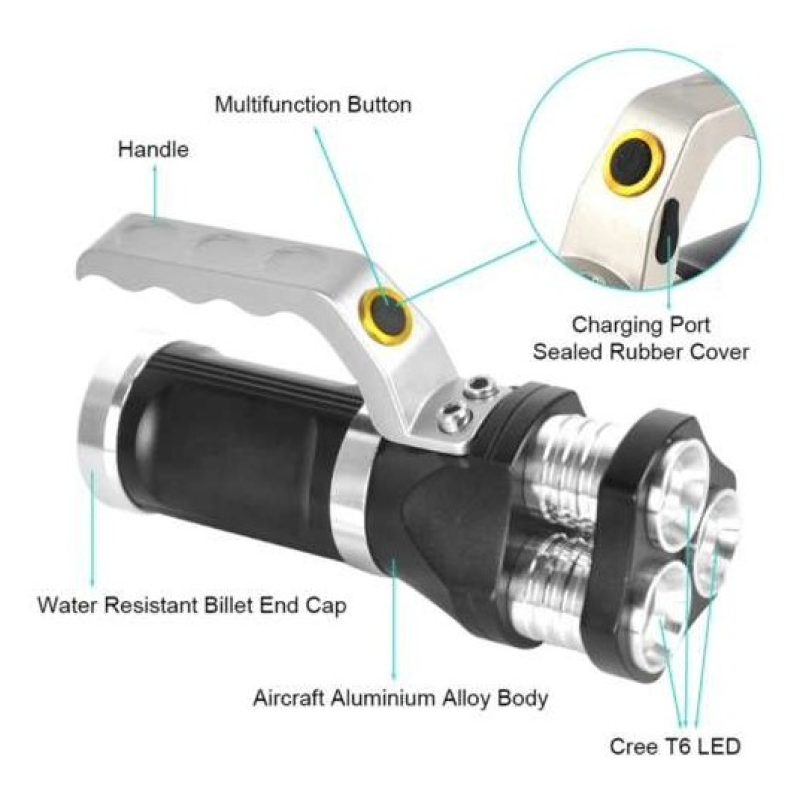 Torcia a mano tattica alluminio 3 bulbi led 3 funzioni ricaricabile impermeabile 