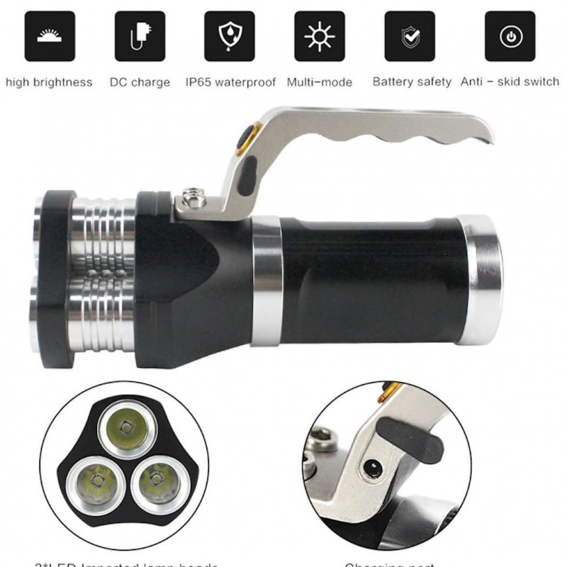 Torcia a mano tattica alluminio 3 bulbi led 3 funzioni ricaricabile impermeabile 