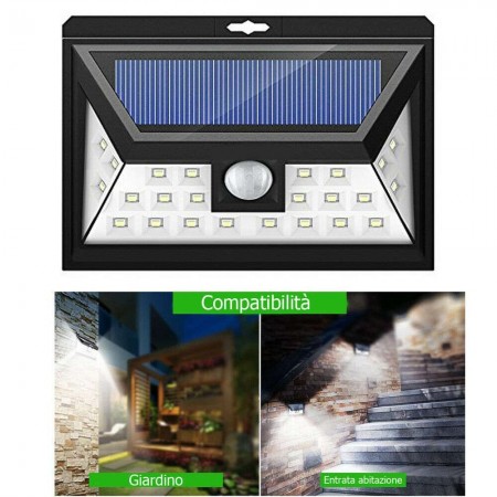 Faretto 24 LED sensore movimento esterno giardino fotovoltaico lampada solare