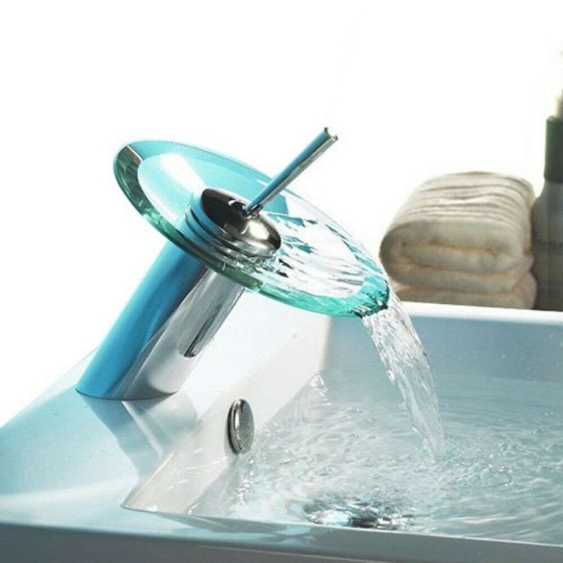 Rubinetto miscelatore rotondo vetro cascata acqua lavello bagno acciaio 812/11