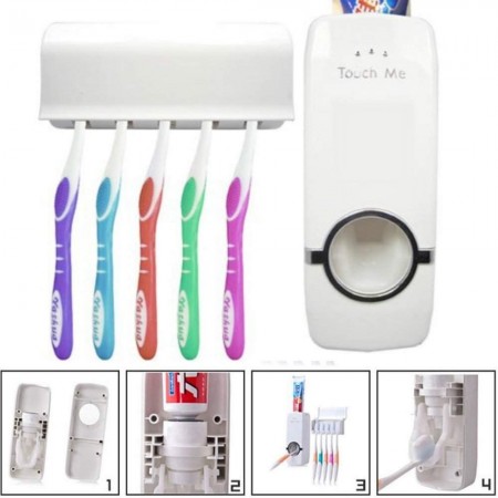 Erogatore distributore di dentifricio da bagno con porta spazzolini (5 posti massimo) dispenser per dentifricio senza batterie