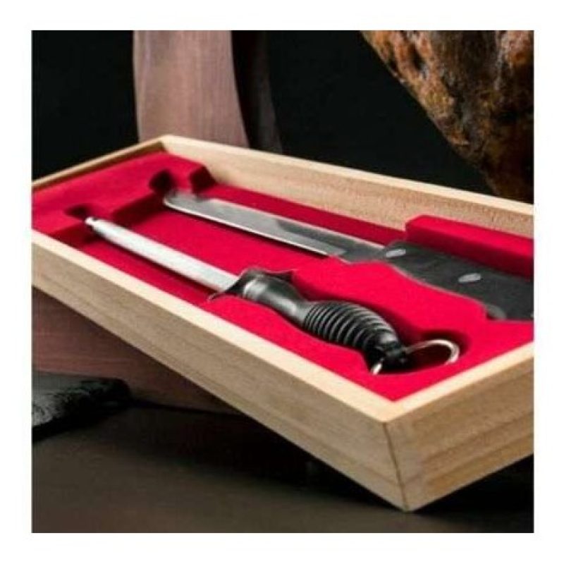Coltello da Prosciutto Affilacoltelli e Contenitore in legno lama acciaio inox