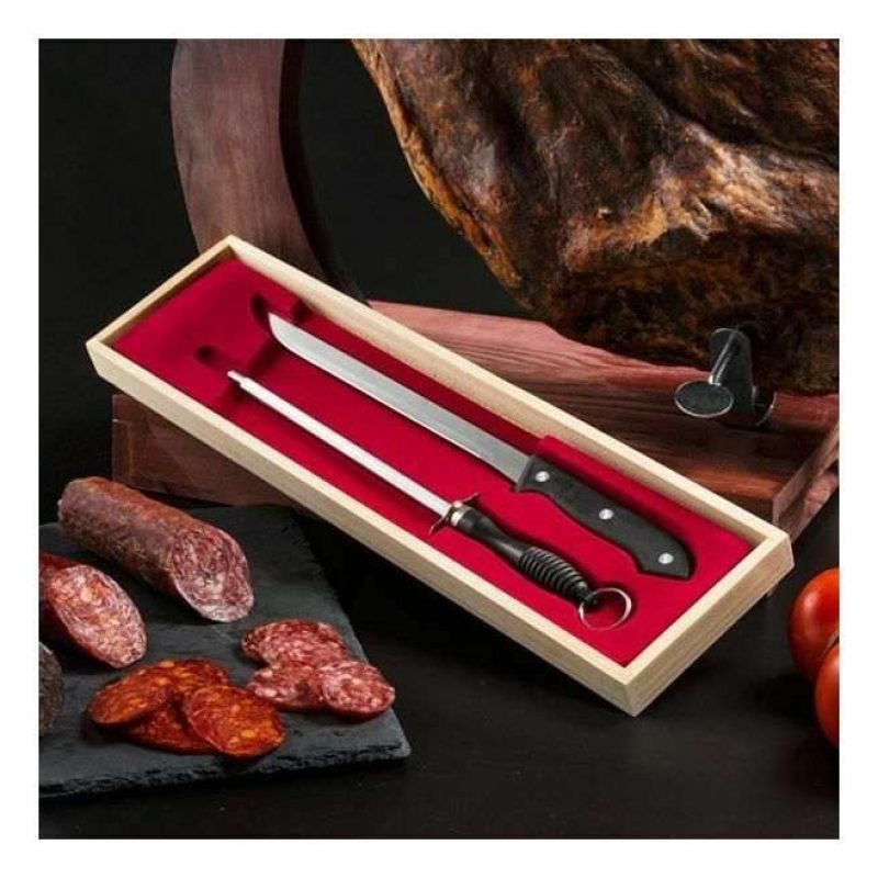 Coltello da Prosciutto Affilacoltelli e Contenitore in legno lama acciaio inox