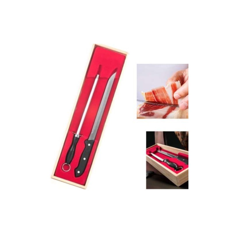 Coltello da Prosciutto Affilacoltelli e Contenitore in legno lama acciaio inox Coltello da Prosciutto Affilacoltelli e Contenitore in legno lama acciaio inox