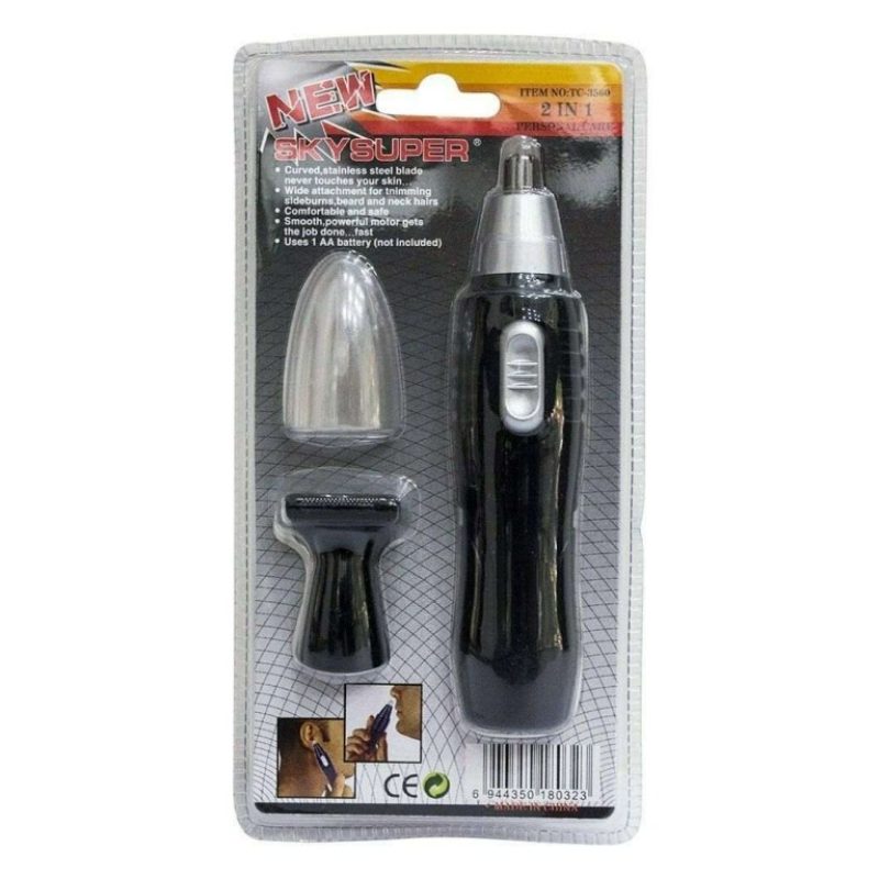 Rasoio 2in1 doppia testina portatile batteria AA peli barba orecchie naso mini