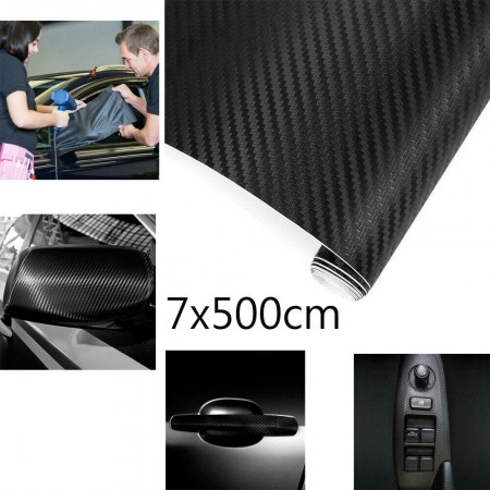 3 Rotoli Adesivo auto fibra di carbonio 7cm x 5Metri pellicola foglio NERO 3D