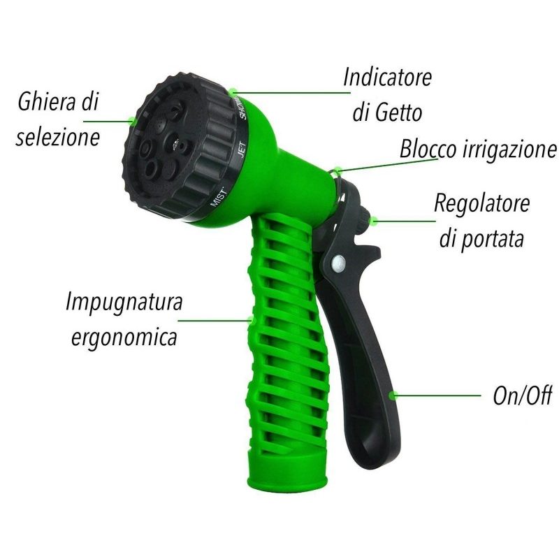 Tubo irrigazione estensibile da giardino elasticizzato dotato di raccordi in acciaio e pistola multi getto