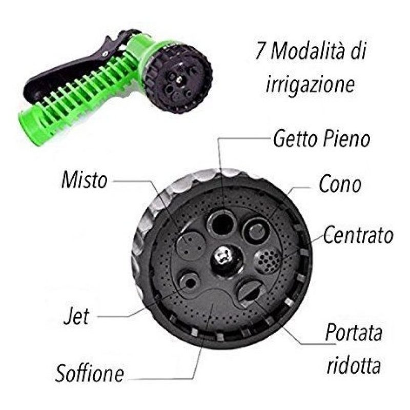 Tubo irrigazione estensibile da giardino elasticizzato dotato di raccordi in acciaio e pistola multi getto