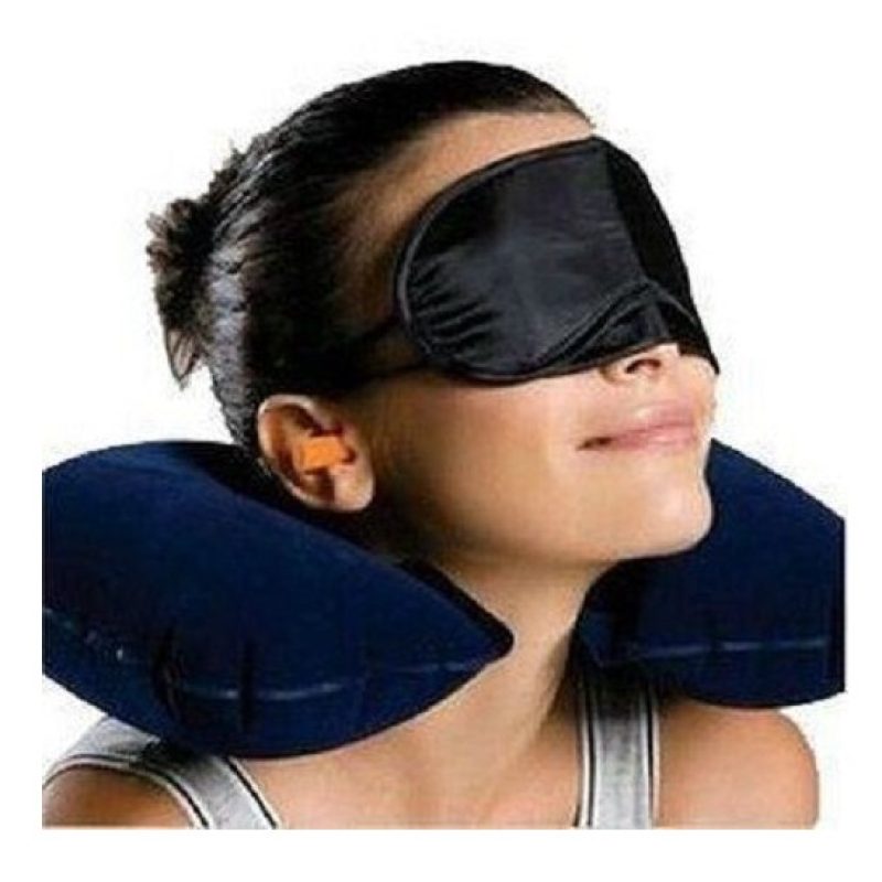KIT 3 SET DA VIAGGIO CUSCINO GONFIABILE MASCHERINA TAPPI PER ORECCHIE AEREO CASA