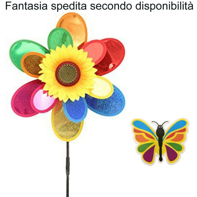 2x Girandola a vento mulino forma FIORE multicolore farfalla girasole bambini