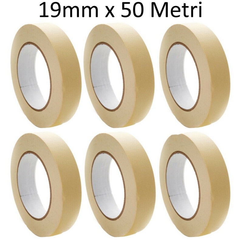 6 Rotoli Nastro carta mascheratura pittura carrozziere adesivo mm 19 x 50 Mt