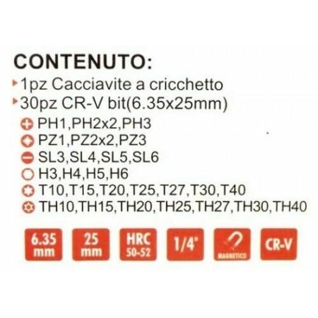 Set inserti giravite cacciavite 31PZ punte calamitate manico a cricchetto brico