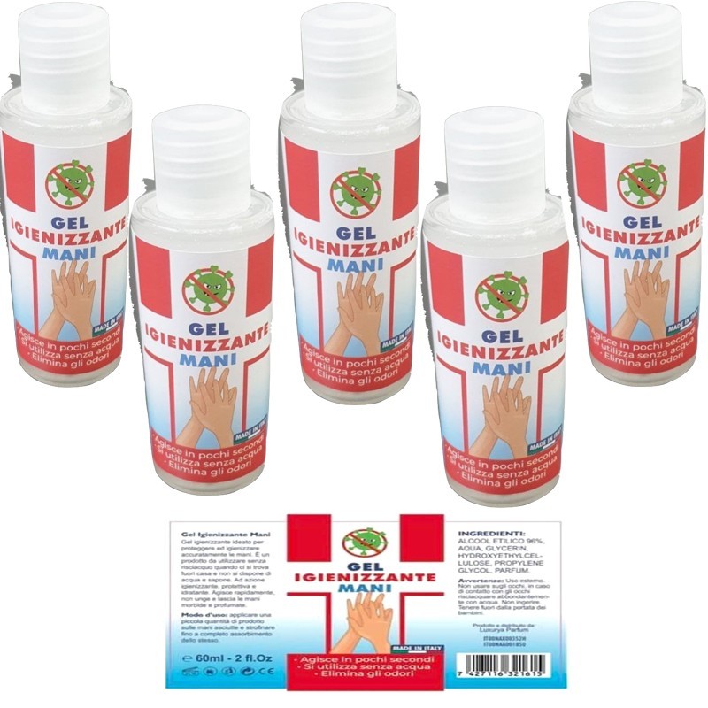 5X flaconi Gel igienizzante mani da 60 ml contenuto alcool 96% made in italy