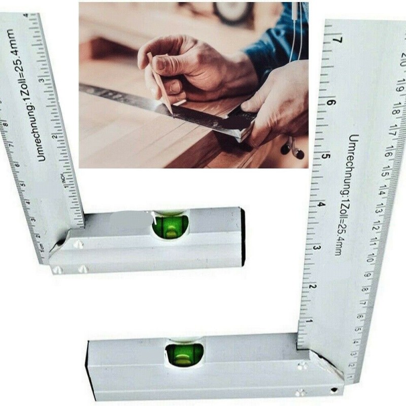 2x Set squadre per falegname in alluminio con livella bolla 45°-90° 20cm 30cm