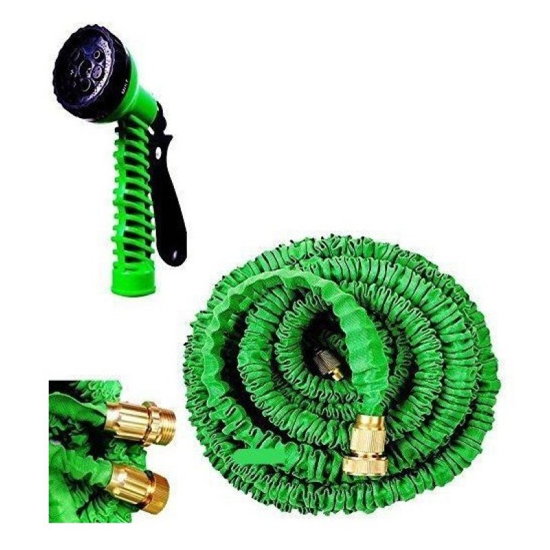 Tubo irrigazione estensibile da giardino elasticizzato dotato di raccordi in acciaio e pistola multi getto