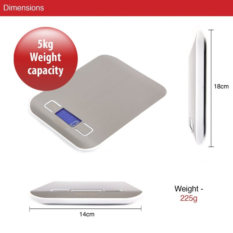 BILANCIA DIGITALE 5 KG da CUCINA LCD PIATTO IN ACCIAIO ELETTRONICA