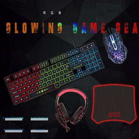 Set 4 in 1 da gioco gaming RGB set con filo professionale tastiera mouse cuffie mouse pad illuminata USB AS-1088mouse 6 tasti