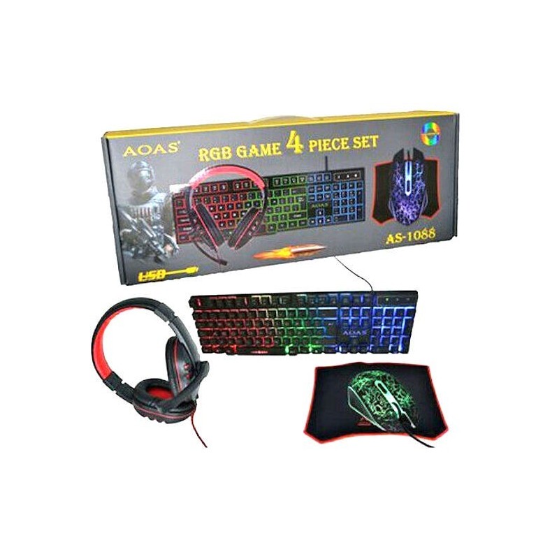 Set 4 in 1 da gioco gaming RGB set con filo professionale tastiera mouse cuffie mouse pad illuminata USB AS-1088mouse 6 tasti