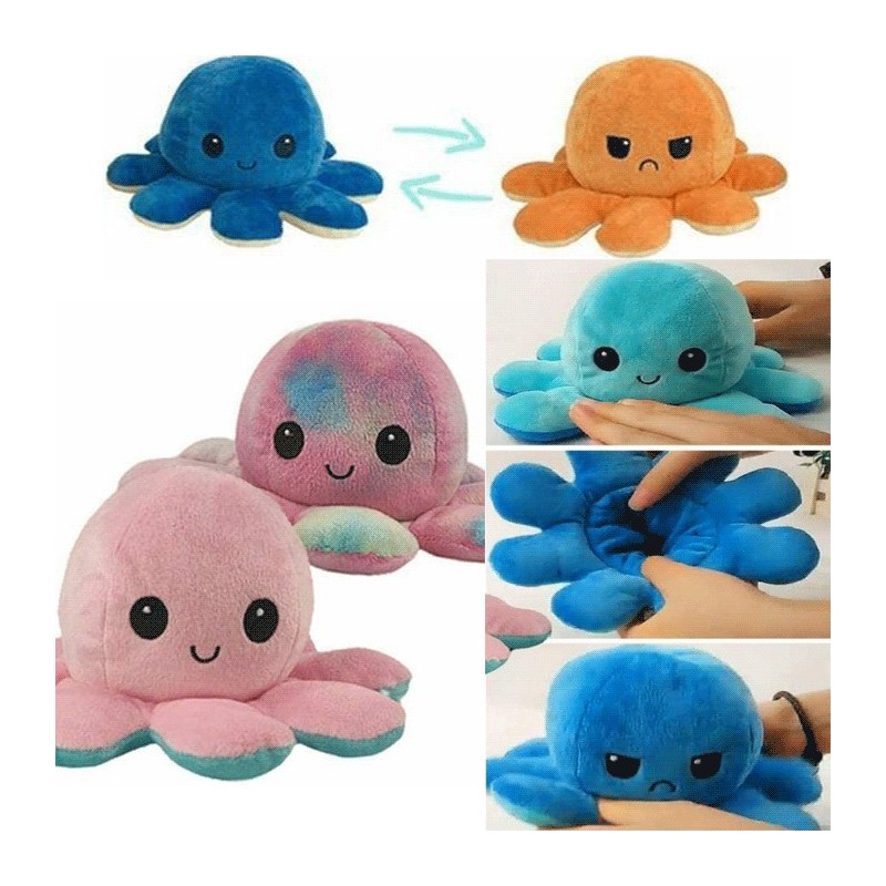 Peluche reversibile arrabbiato felice bicolore cambia umore polipo morbido