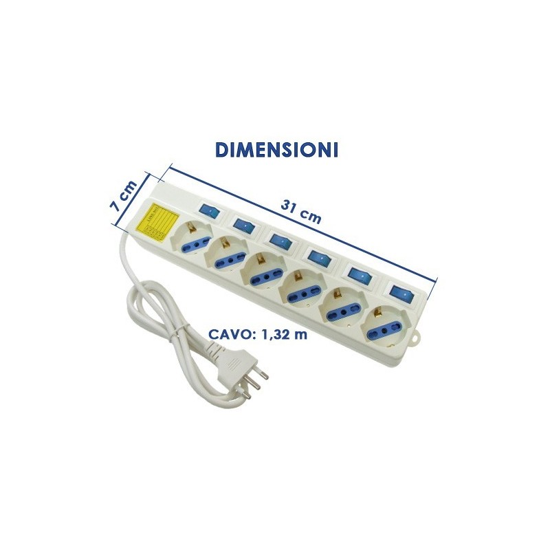 Multipresa 6 posizioni con interruttori - Ciabatta elettrica 6 Posti 10/16A Bipasso Schuk