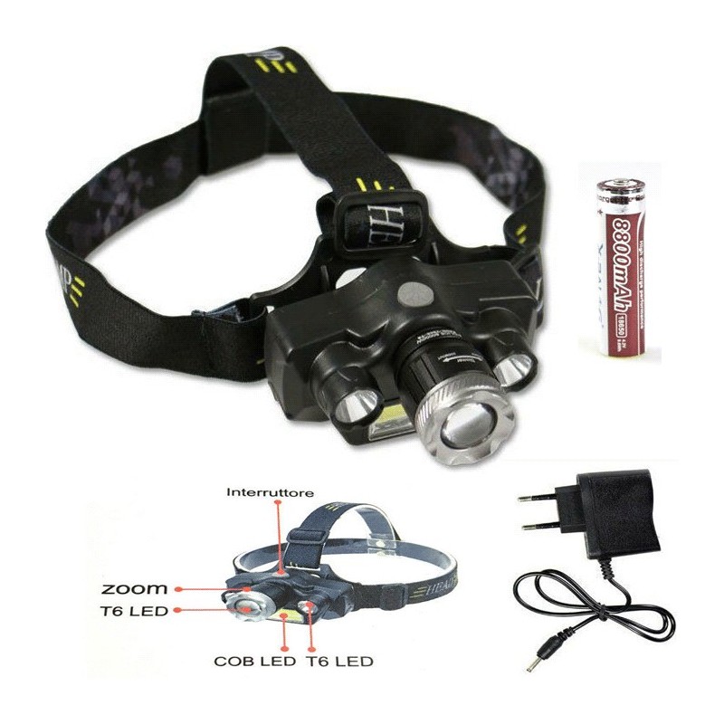Torcia frontale da testa LED ricaricabile pesca caccia zoom cree t6 batteria