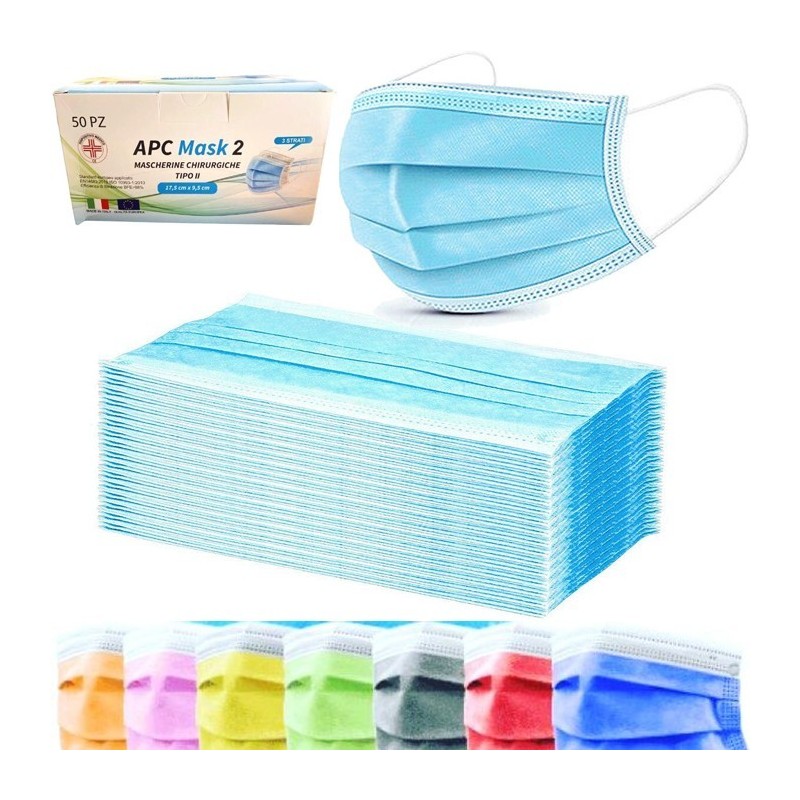50 pezzi Mascherine chirurgiche monouso 3 veli dispositivo medico protezione tipo II MADE IN ITALY Nero Celeste o Rosa