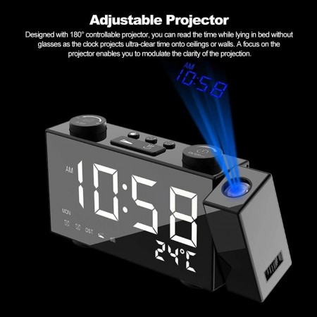 Radio sveglia con proiettore luce Led blu rotazione proiettore 180 gradi USB