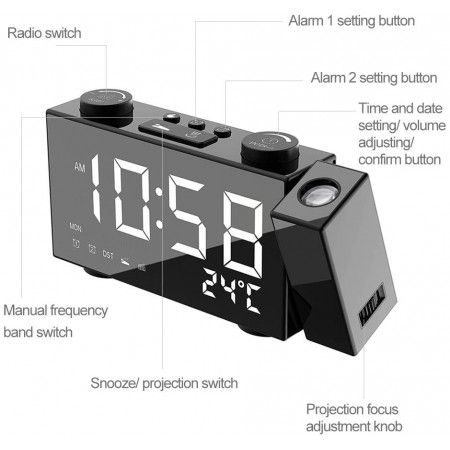Radio sveglia con proiettore luce Led blu rotazione proiettore 180 gradi USB