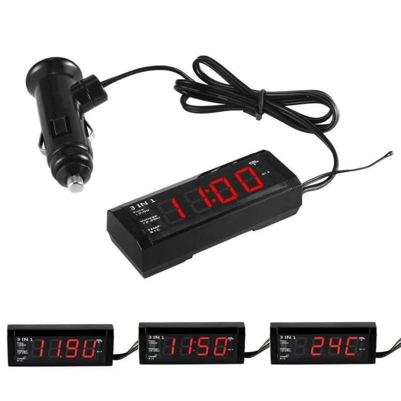 Voltometro Termometro Orologio 3 in 1 digitale LED rosso 0-33V per interni 12V