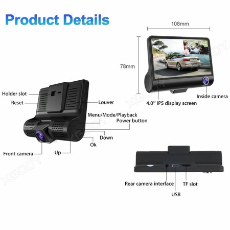 AUTO DVR Video Recorder Fotocamera anteriore posteriore specchio tripla lente