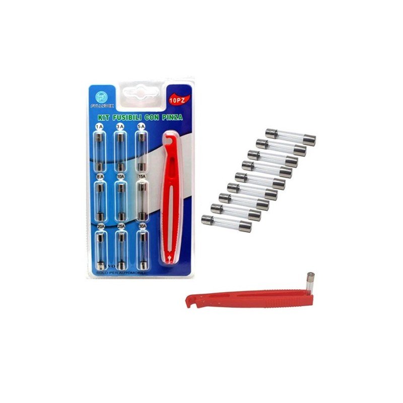 FUSIBILI IN VETRO PER AUTO CON PINZA DI ESTRAZIONE 20 PZ AMPERAGGI ASSORTITI