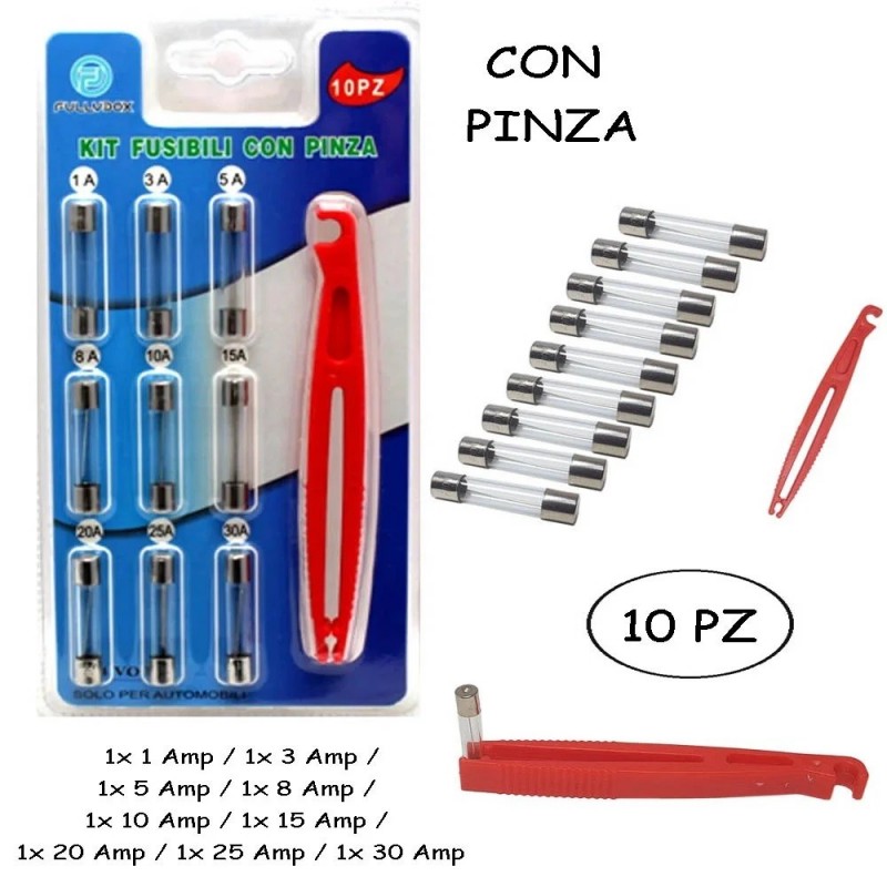 DOBO FUSIBILI IN VETRO PER AUTO CON PINZA DI ESTRAZIONE 20 PZ AMPER...
