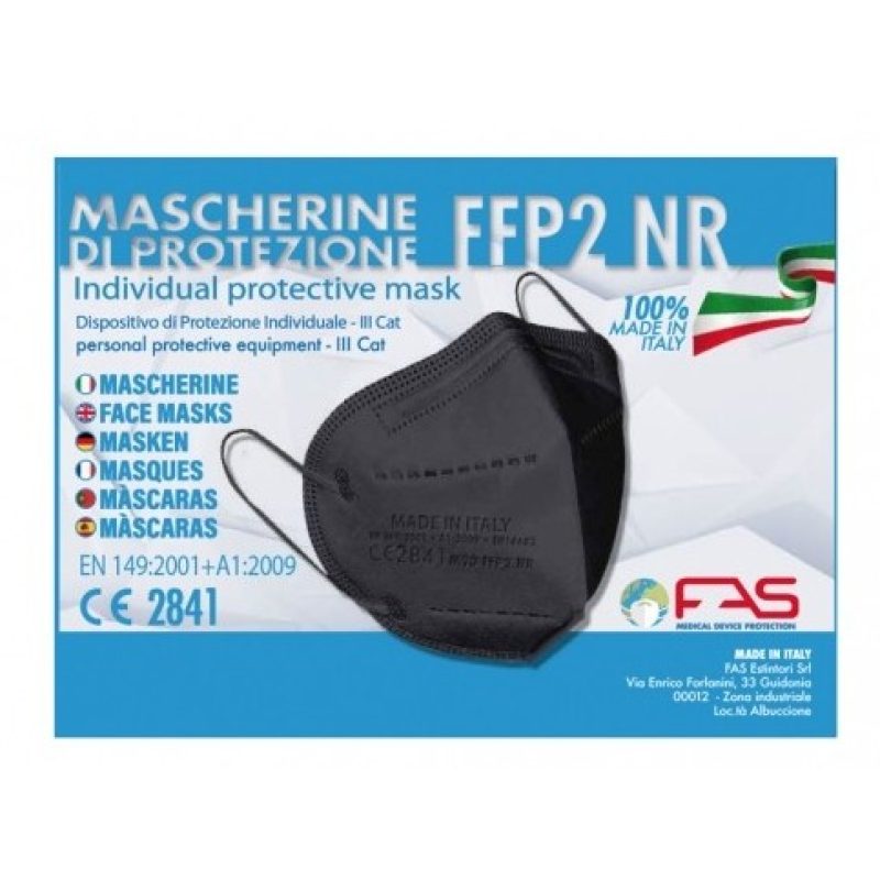 FAS 50x MASCHERINE FFP2 ITALIANE CERTIFICATE CE COLORE NERO PORTA M...