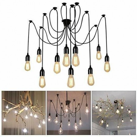 Lampadario porta lampade a sospensione 12 pendenti nero E27 ragno vintage regola