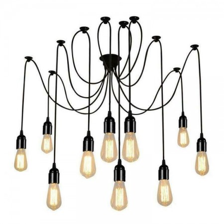 Lampadario porta lampade a sospensione 12 pendenti nero E27 ragno vintage regola