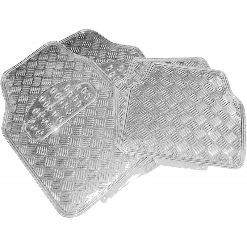 Generico SET 4 TAPPETINI TAPPETI AUTO GOMMA CROMATI ALLUMINIO UNIVE...