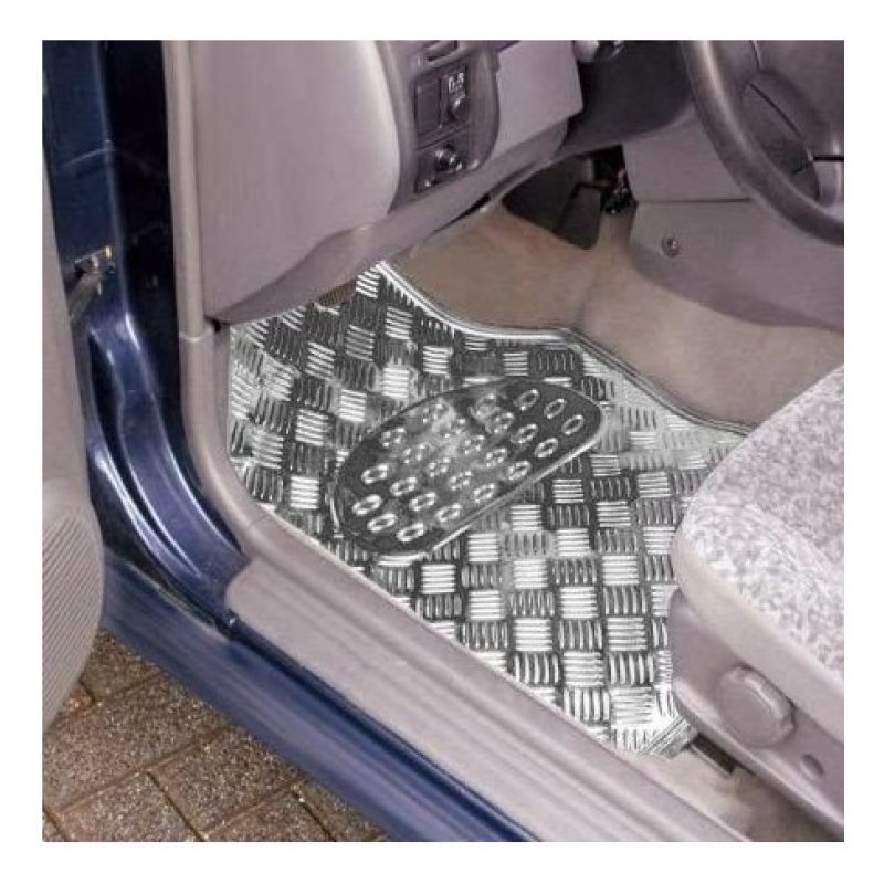 Generico SET 4 TAPPETINI TAPPETI AUTO GOMMA CROMATI ALLUMINIO UNIVE...