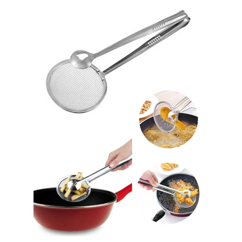 Schiumarola con pinza a molla colino frittura utensili cucina patatine acciaio
