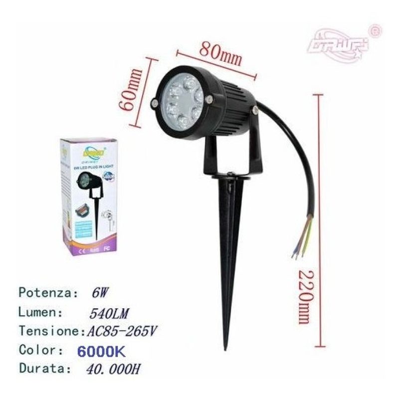 DRIWEI FARETTO FARO LED GIARDINO 6W SUPPORTO PICCHETTO LUCE CALDA 6...