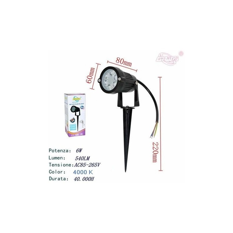 FARETTO FARO LED GIARDINO 6W SUPPORTO PICCHETTO LUCE CALDA 4000K 540LM IP65