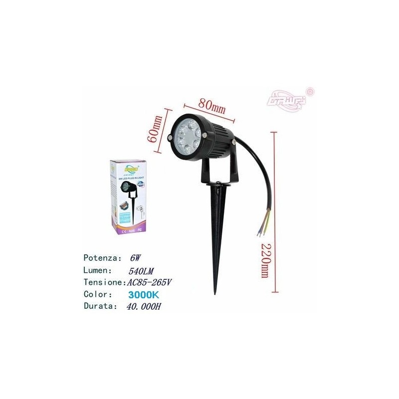 FARETTO FARO LED GIARDINO 6W SUPPORTO PICCHETTO LUCE CALDA 3000K 540LM IP65