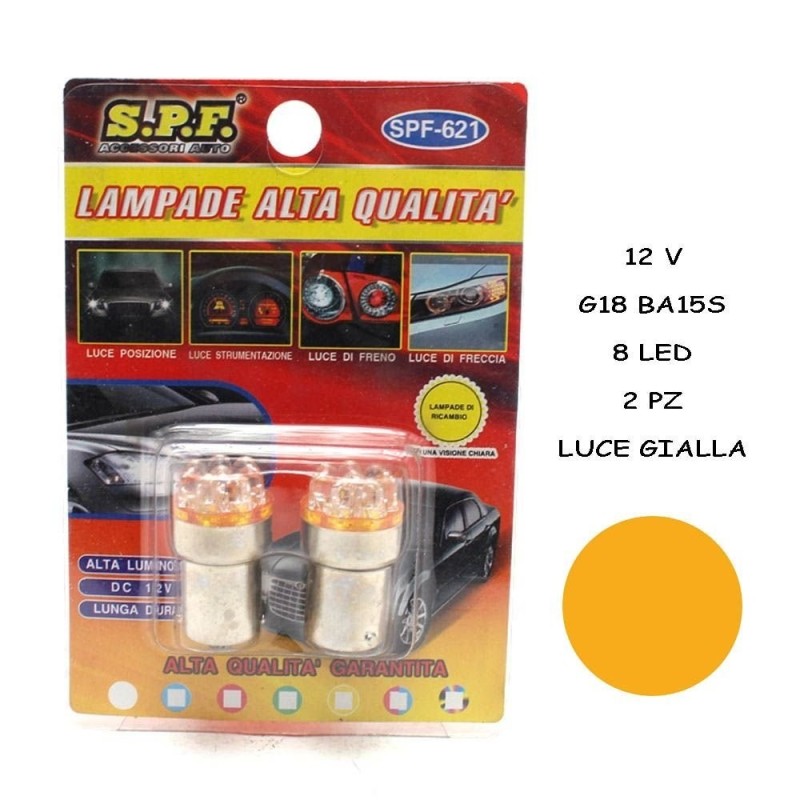 LAMPADE PER AUTO G18 12V 8 LED TUNING SPF GIALLO FILAMENTO UNICO AUTO