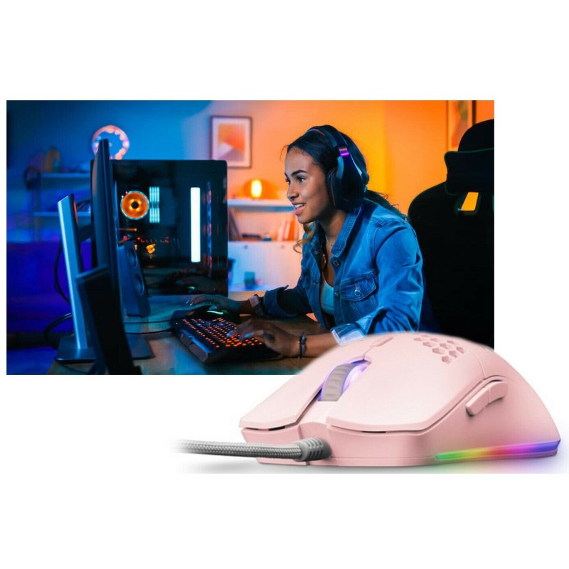 Mouse rosa gioco cablato ambidestro GAMING RGB illuminato LED leggero 6 Pulsanti
