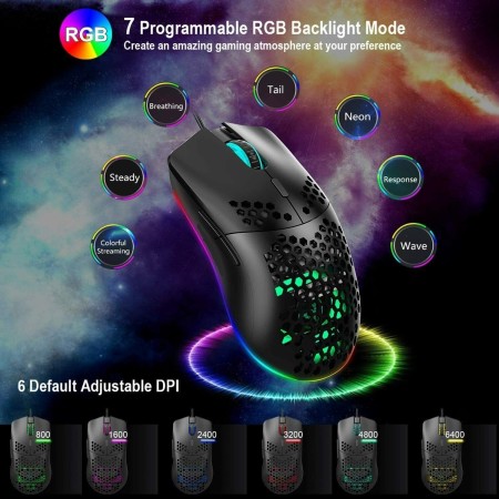 Mouse rosa gioco cablato ambidestro GAMING RGB illuminato LED leggero 6 Pulsanti