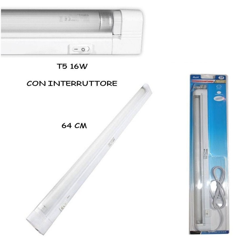 LAMPADA REGLETTE LUCE TUBO NEON 16W T5 CON INTERRUTTORE ON OFF ILLUMINAZIONE