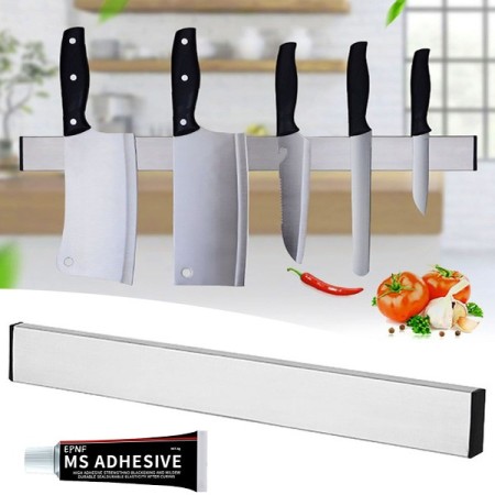 Barra magnetica porta coltelli acciaio satinato 40cm montaggio parete senza fori