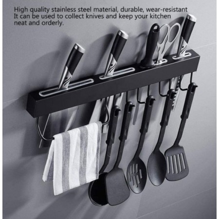 Porta coltelli da parete in acciaio portaoggetti cucina nero 40 cm 6 ganci