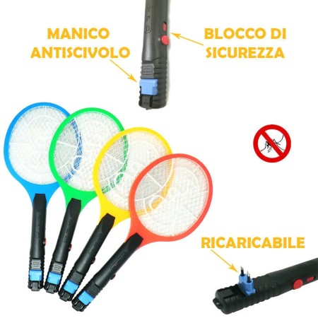 Racchetta ricaricabile elimina fulmina zanzare mosche insetti elettrica casa