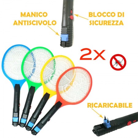 2x Racchetta ricaricabile elimina fulmina zanzare mosche insetti elettrica casa