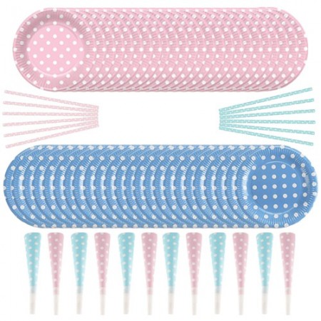 Kit stoviglie di carta festa 24 piatti 12 cannucce 12 trombette celeste rosa